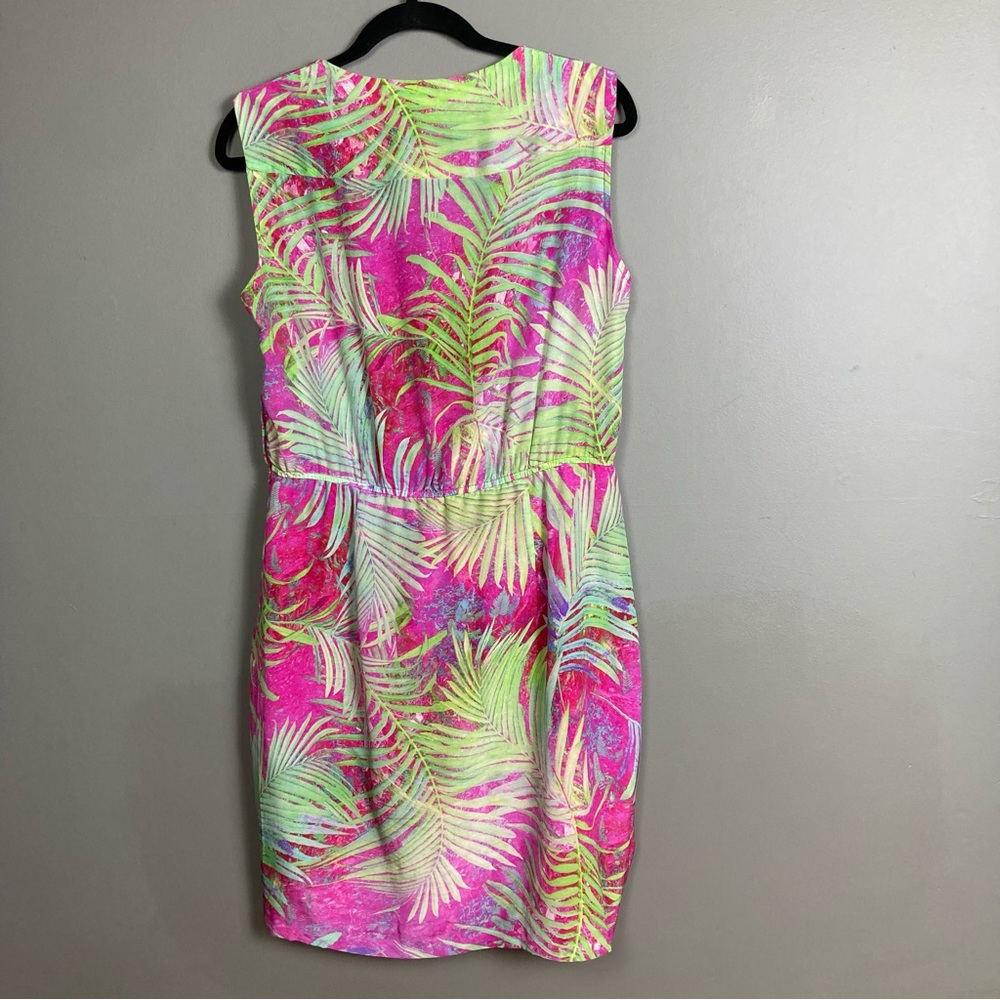 Nanette Lepore Silk Tropical Dress Sleeveless Pink Fern Print Faux Wrap Size 12 View 4